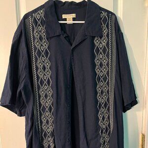 Island Passport Men's button-up 2XLT Navy w embroidery linen rayon